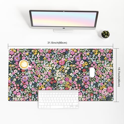 Faux Leather Large Mouse Pad, Office Desk Mat, 31.5"x15.7", Blooming Flower