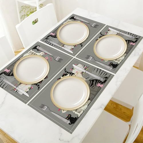 Cute Cats Group Portrait Linen Placemats Set of 2PCS, Heat Resistant Non-Slip Washable Table Placemats for Dining Everyday Use Hotel Banquet Home Decor