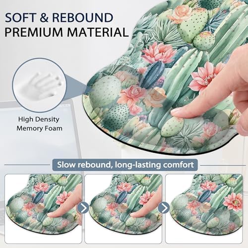 Ergonomic Keyboard and Mouse Wrist Rest Set, Cactus Flower Succulent Plant Mouse Pad with Non Slip Base, Soft Cloth Surface for Office and Home Typing Support