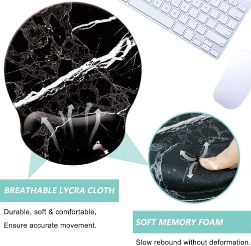 Mouse Pad with Wrist Support, Ergonomic Mouse Pad with Memory Foam Wrist Rest Cushion, Non-Slip Rubber Base Gaming Mice Pad for Home Office Computer Laptop, Black White Marble