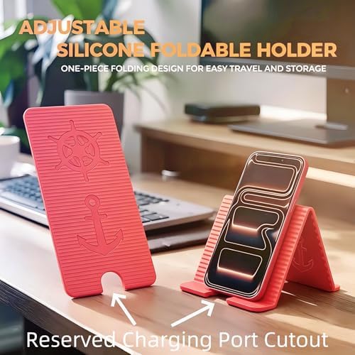 Flexible Silicone Aluminum Phone Holder Tablet Stand with Charging Port Design, Foldable Airplane Laptop/Phone Stand for Home Office Travel (Pink)