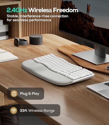 Nulea RT08 Wave Keys Wireless Ergonomic Keyboard with Cushioned Palm Rest, 2.4GHz Ergo Cordless USB Computer Keyboard, Comfortable Natural Typing, for Laptop, Mac, Windows (White)