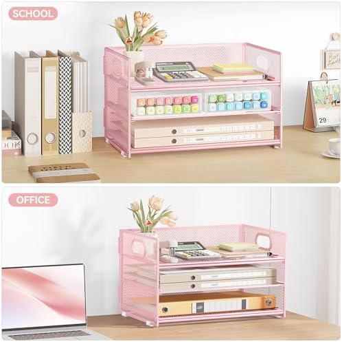Subekyu 3 Tier Paper Letter Tray Organizer for Desk, Pink Metal Mesh File Folder Sorter Organizer with Handle and 1 PC Sliding Tray for Home Office School Desk Supplies Organization Storage