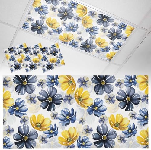 Ombre Flower Magnetic Fluorescent Light Covers for Ceiling Lights 2 x 4 Feet,Watercolor Yellow Purple Blue Green Floral Office Classroom Kitchen Drop Ceiling Light Covers Filters Shade Panel 3 Packs