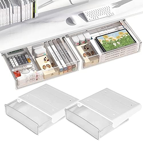 OSPNIEEK Self-adhesive Under Desk Drawer Organizer, 2 Pack Table Hidden Slide Out Large Storage Mounted Desktop Pencil Holder Tray Drawers for Office Home School Stationery Kitchen (Large, White)