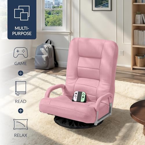 Best Choice Products Swivel Gaming Chair 360 Degree Multipurpose Floor Chair Rocker for TV, Reading, Playing Video Games w/Lumbar Support, Armrest Handles, Adjustable Foldable Backrest - Pink