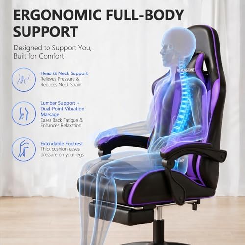 Mr IRONSTONE Purple Gaming Chair with Footrest, Ergonomic High Back Gamer Chair with Massage Lumbar Support, Reclining Video Game Chair with Adjustable Headrest, Swivel Computer Desk Chair