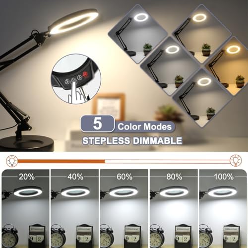 12X Magnifying Glass with Light, Krstlv Upgrade Button 5 Color Modes Stepless Dimmable 2-in-1 LED Lighted Desk Lamp & Clamp, Hands Free Magnifier with Light and Stand for Craft Hobby Repair Close Work