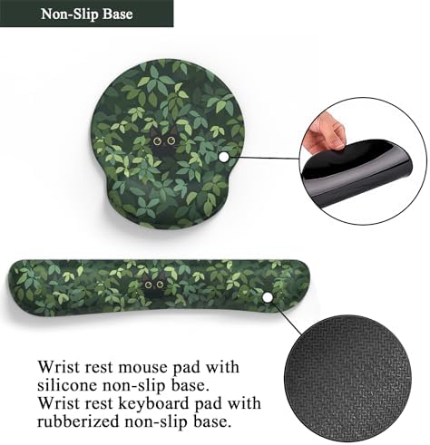 Cute Ergonomic Green Mouse Pad Cat Wrist Support,[ 20% Larger] Wrist Rest Gel Anime Kawaii 3D Green Office Plants Mouse Pads, Keyboards Silicon Wrist Pad,Pain Relief,Game Work Study Home Office.