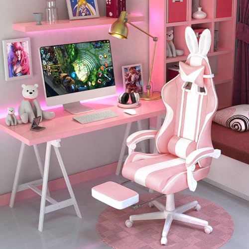 Ferghana Kawaii Pink Gaming Chair with Bunny Ears, Ergonomic Cute Gamer Chair with Footrest and Massage, Racing Reclining Leather Office Computer Game Chair 250lbs for Girls Adults Teens Kids
