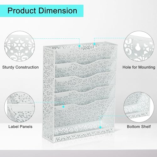 EasyPAG Desk File Organizer Heavy Duty Metal Wall Mount File Holder 5 Tier Mail Paper Folder Holder with Bottom Tray for Office Home Cubicle Countertop, White