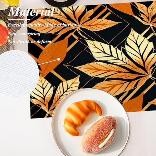 Shrahala Yellow Maple Leaves Placemats, On Black Grid Table Mat Linen Burlap Washable Double-Deck Heat Insulation for Dining Table Kitchen Table Set of 4 (12 x 18 inch)