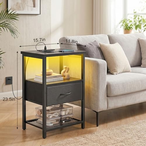 Fixwal Night Stand with Charging Station, Black Led Nightstand, 1 Drawer