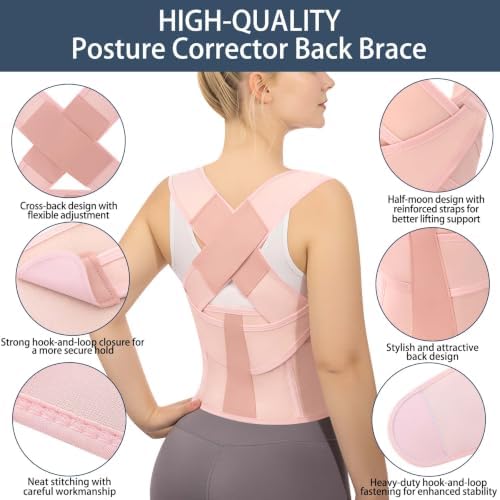 Posture Corrector for Women and Men Plus Size Full Back Support Brace Straightener Scoliosis Spine Upper Back Pain Relief Adjustable Shoulder Instant Posture Corrector with Hunchback (Pink, Large)