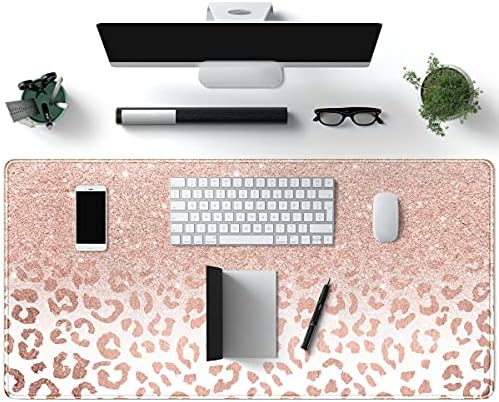 Desk Mat XXL Mouse pad, Pink Rose Gold Leopard Print Office Supplies and Accessories Decor for Women 31.5X15.75in,Stitched Edges Smooth Non-Slip Bottom, Large pad