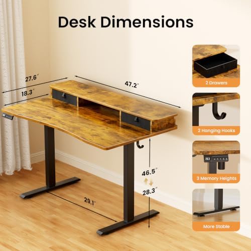 47.2 x 27.6 Electric Standing Desk with Drawers, Rustic Brown