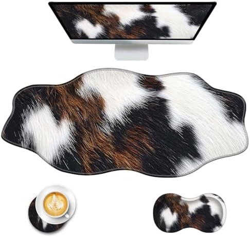 Mouse Pad with Wrist Support + Desk Mat + Coaster 3 in 1 Set, XXL Large Gaming Mousepad Ergonomic Mouse Pads for Desk Computer Laptop Office,Cute Cowhide Brown Black Cow