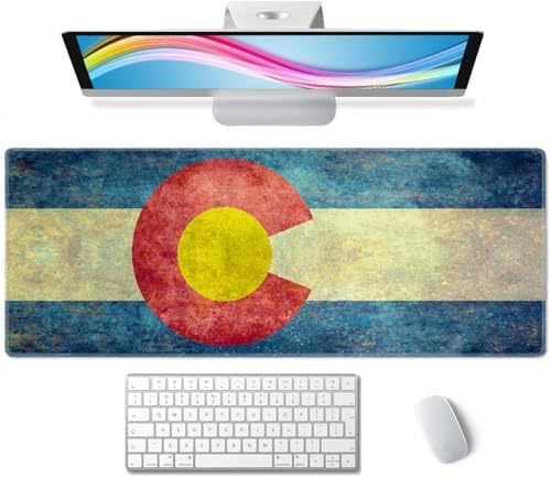 Large Gaming Mouse Pad with Stitched Edges, Vintage Colorado State Flag Desk Mat, Extended Keyboard Pad, Non-Slip Rubber Base Desk Pad for Keyboard and Mouse, 31.5X11.8 inch