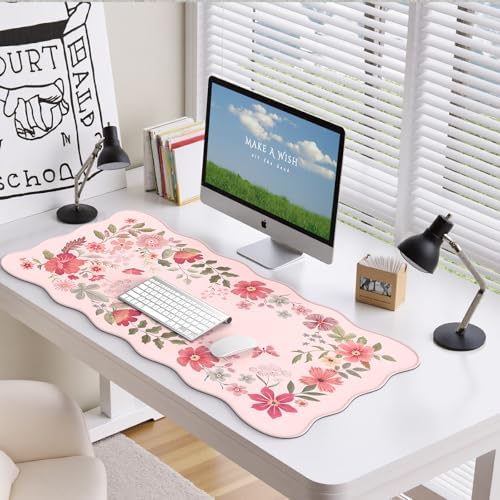 HAOCOO Floral Desktop Mat with Scalloped Edge, XL Computer Pad(Hot Pink)