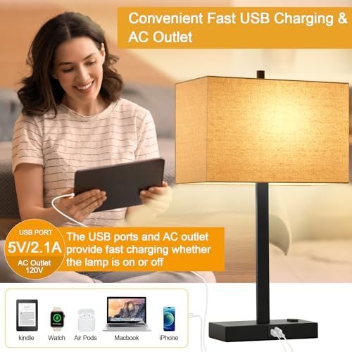 21" Touch Bedside lamps with 2 USB & AC Outlets, 3-Way Dimmable Bedside Table Lamps Set of 2 for Bedroom Living Room Office Reading, Beige Linen Shade Lamps for Night Stands, 2700K LED Bulbs Included