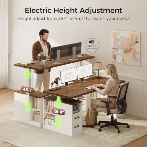 OffiGo 55 Inch Farmhouse Standing Desk with Storage Drawers, Walnut White