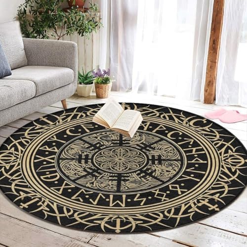 Soft Round Yoga Carpet, Large Home Decor Mat, Non-Slip Machine Washable Kitchen Office Circle Rug Compatible with Cool Norse Viking Vegvisir Runic Compass