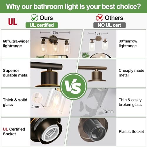 Zarbitta 3-Light Bathroom Light Fixtures, Brown and Gold Bathroom Wall Lights, Modern Vanity Light with Clear Glass Shade, Bathroom Wall Lamp for Mirror Hallway Cabinet