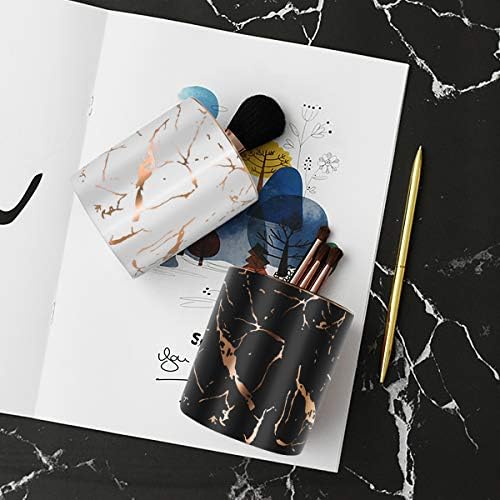 Pencil Cup, Pen Holder for Desk, Pen Pencil Stand Holder for Desk, WAVEYU Office Desk Organizer for Girls Women Kids Ceramic Glitter Marble Makeup Brush Holder, Black (Upgrade Style)