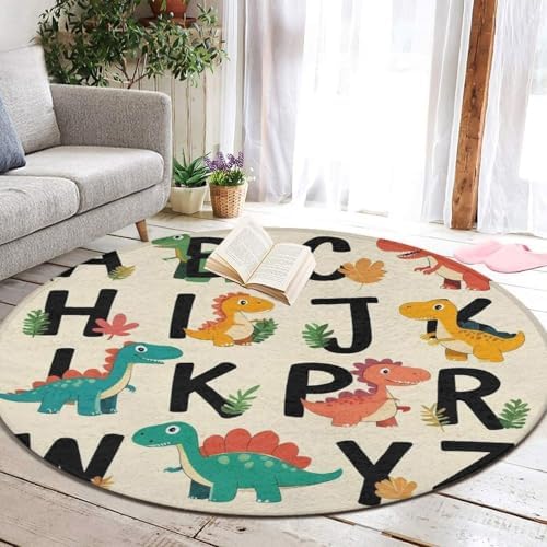 Soft Round Yoga Carpet, Large Home Decor Mat, Non Slip Machine Washable Kitchen Office Circle Rug Dinosaur