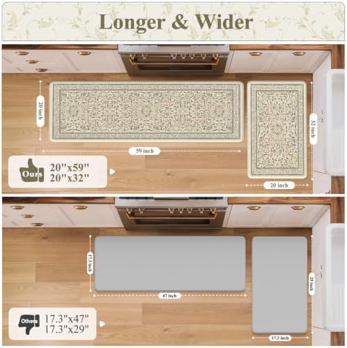 KIMODE Anti Fatigue Kitchen Mats for Floor 2 Piece 20"x59"+20"x32", Boho Kitchen Runner Rugs Non Slip, Beige Cushioned Kitchen Floor Mats, Comfort Standing Mats for Sink, Waterproof Laundry Room Rug