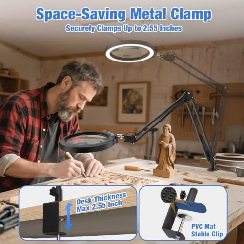 30X 12X Large Magnifying Glass with Light and Clamp, 5-Inch Optical HD Lens
