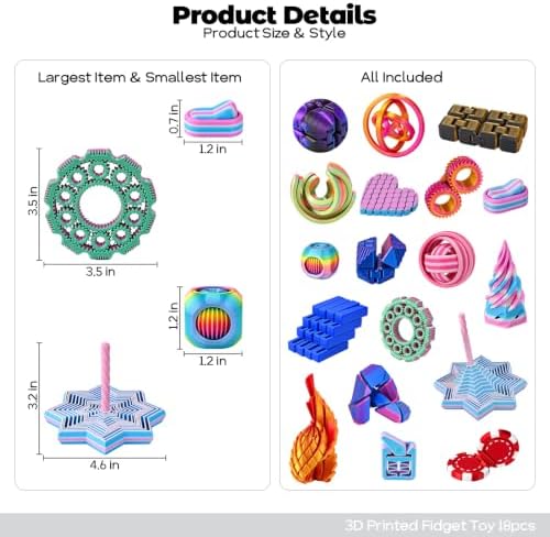 18PCS 3D Printed Fidget Toys Set, Assorted Desk Toys for Adults and Kids