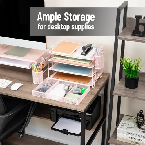 Mind Reader Mesh Desk Organizer, 3 Trays, 1 Drawer, 2 Pen Holders, Office Desktop Organizer, Metal Mesh, Pink