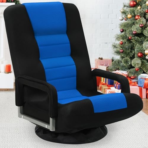 Swivel Floor Gaming Chair w/Armrests, Folding Video Reclining Sofa w/6 Adjustable Position, Padded Backrest & Cushion, Lazy Lounger Couch for E-Sports, Reading, Relaxing, Watching TV, Blue