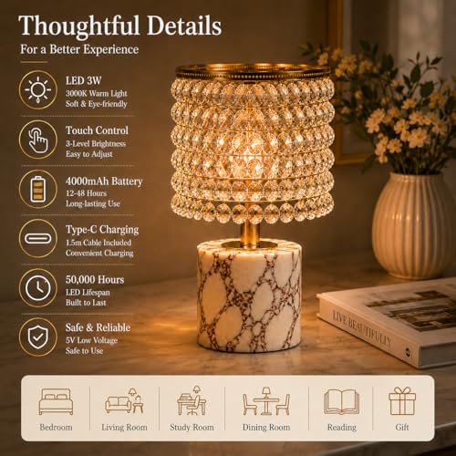 Morlok Marble Lamp with Natural Calacatta Viola Marble Base, K9 Crystal Shade & Gold Metal Frame, 4000mAh Rechargeable Lamp, 12–48H Battery Life, 3-Level Dimming 3000K Warm LED Home Decor Gift