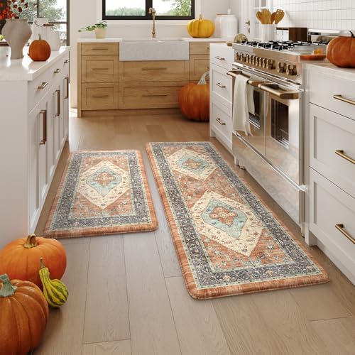 KIMODE Anti Fatigue Kitchen Mat for Floor, Boho Fall Kitchen Rugs Sets of 2