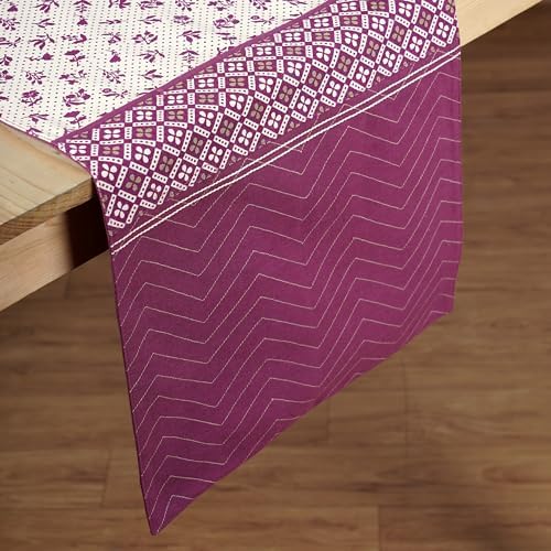 Maroon Cotton Table Runner, Geometrical and Floral Print with Patchwork, Table Decor, (13 X 72 INCHES)