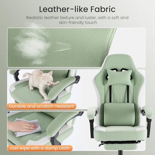NEWBULIG Gaming Desk Chair - High Back Computer Office Chair with Footrest and Headrest, Comfy Ergonomic Lumbar Support with Linkage Armrests, Height Adjustable and 360° Swivel Wheels, Green