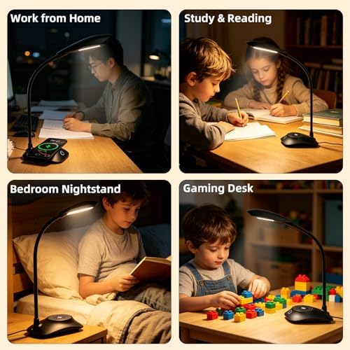 Desk Lamp with Wireless Charger College Dorm Home Office Bedside Black