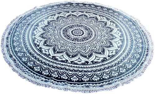 Round Beach Tapestry Turquoise Mandala Throw/Boho Hippie Beach Blanket Roundie/Indian Cotton Bohemian Large Round Table Cloth-Home Decor/Yoga Mat Meditation Picnic Rug (70", Grey)