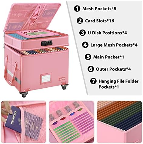 DocSafe File Box with Lock,2-Layer Fireproof Document Box with Wheels,Collapsible Rolling File Storage Organizer with Pockets,Large Portable Home Office Filing Cabinet Safe for Hanging Folders,Pink