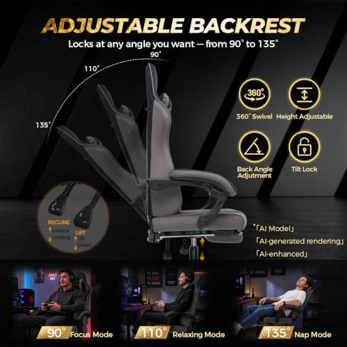 GTPLAYER Video Gaming Chair Fabric, Ergonomic Computer Chair with Footrest and Pocket Spring Cushion, Height Adjustable Video Gamer Chair with Lumbar Support for Adults, Gray
