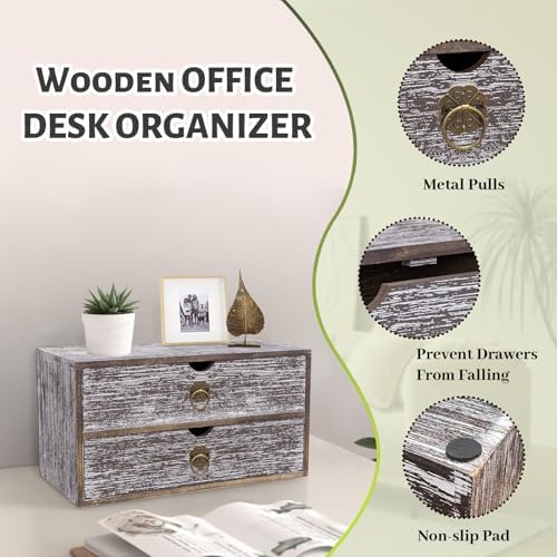 Wood Desk Organizer, Washed Brown Wooden Desktop Organizer with Drawer, Tabletop Storage Organization Box for Countertop, Home Office Supplies, Bills, 13.3 x 6.5 x 7 Inches(2 Drawer)