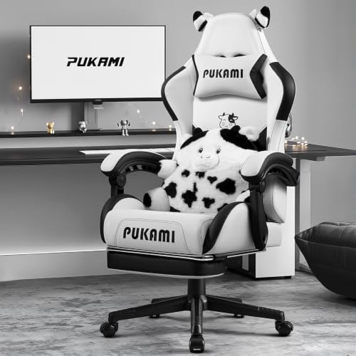 PUKAMI Gaming Chair with Cat Ears,Cute Computer Chair for Girl with Footrest,Ergonomic Gamer Chair, Kawaii Gaming Chair, Game Chair (Black and White)