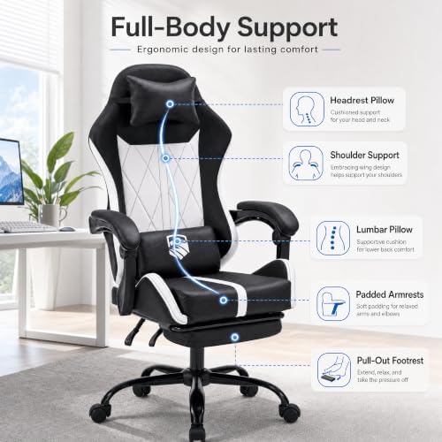 Mid Back Gaming Chair with Footrest, 90°-135° Reclining Computer Chair with Headrest and Lumbar Pillow, Linked Armrests, Height Adjustable 360° Swivel Rolling Office Chair (Black-N)