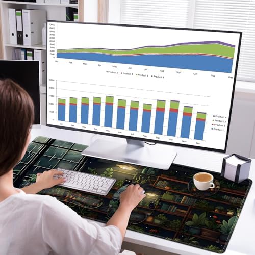 Aesthetic Green Plant Books Mouse Pad with Wrist Support 4 in1 Set, XXL Big Game Mousepad + Keyboard Wrist Rest + Mouse Wrist Rest Pad +Coaster Gaming Mat for Work Study I Japanese Anime Lofi Cat