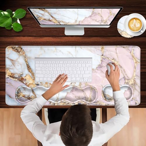 Keyboard Wrist Rest and Mouse Pad with Wrist Support Set Ergonomic Coaster,Memory Foam,Easy Typing Pain Relief,Large XL Desk Mat 31.5"x 11.8",Colorful Marble