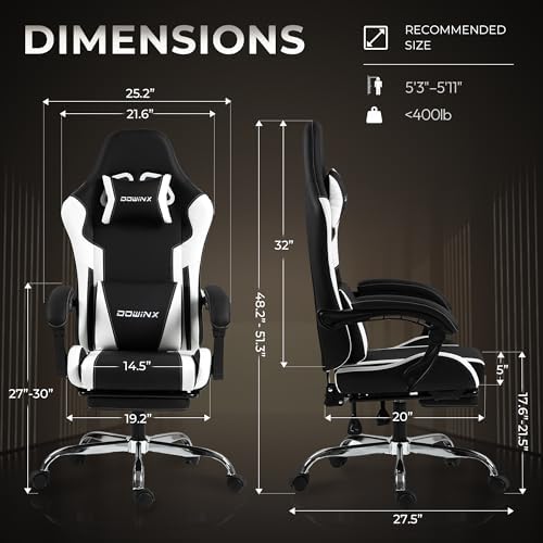 Dowinx Gaming Chair with Footrest, 330lbs Computer Chair 2D Lift Linkage Armrest, Massage Lumbar, Height Adjustable Ergonomic Comfy Video Game Chairs for Home Office Streaming, Long Gaming, White