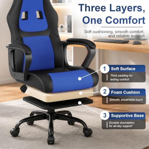 PayLessHere Gaming Chair Ergonomic Office Chair Computer Chair with Lumbar Support Ergonomic Pu Leather Adjustable Height Executive Chair for Women Men and Adults (Classic, Blue)