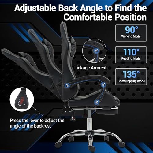 Ergonomic Gaming Chair with Massage Lumber, Grey Video Game Chair w/Footrest for Adults Kids, Adjustable Headrest & Lumbar Support, 360° Swivel for Home Office Bedroom Gaming Room